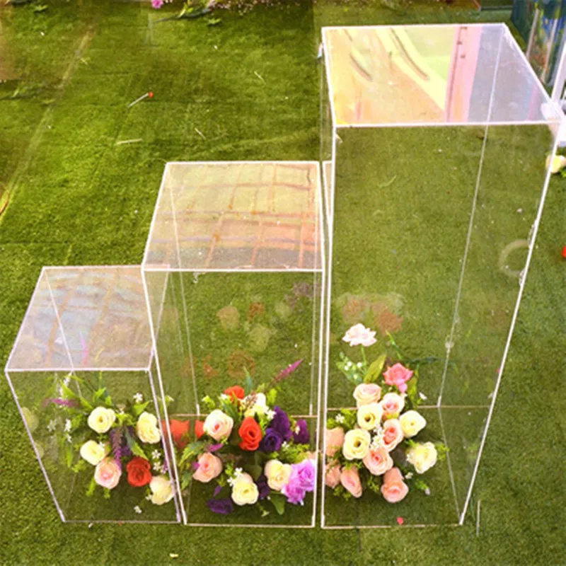 Soporte de flores para pasillo, columna cuadrada transparente, decoraci&oacute;n de boda, marco de flores, decoraci&oacute;n de camino, fiesta-0
