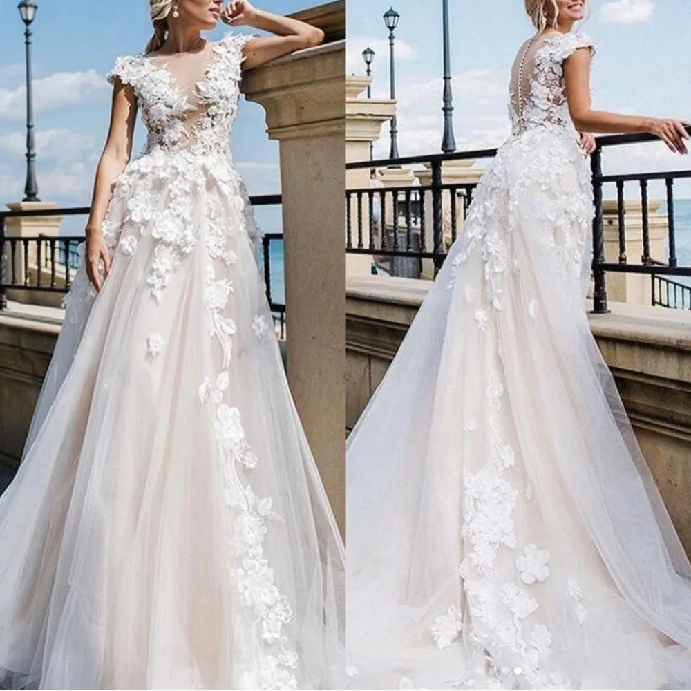 

Кружевное свадебное платье с аппликацией и рукавами-крылышками, с круглым вырезом, пуговицами с иллюзией сзади, а-силуэт, свадебное платье, ...