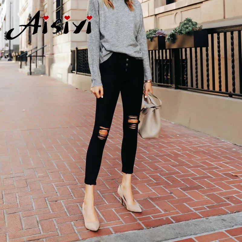 Женские узкие джинсы черные рваные с высокой талией брюки карандаш Стрейчевые