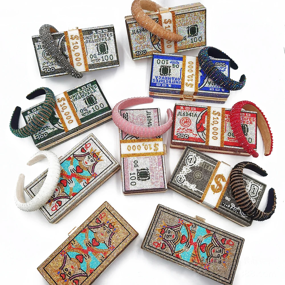 

Для женщин денег кошелек-клатч вечерняя сумочка; BS010 диаманта Bling кассовый бокс с роскошное расшитое бисером Повязка на голову для вечерние