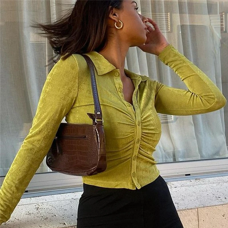 

Top Female Elegant Solid Skinny Blouse StreetwearNew Long Sleeve Ruched Sexy Tops Women Turn-Down Collar Button Shirt tops