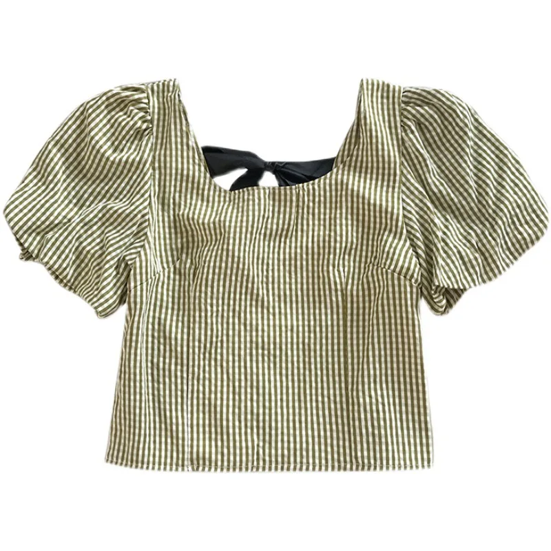 

Check Puff Sleeve Square Collar Student Short Style Temperament Was Thin Short Sleeve Top Fashion Casual New Western Style