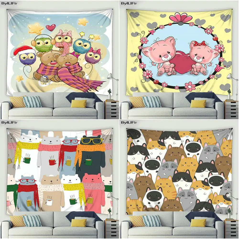 

Cute Cartoon Owl Cats Tapestry Wall Hanging Lovely Animal Scarf Bear Child Kids Gift for Bedroom Nursery Dorm Christmas Decor