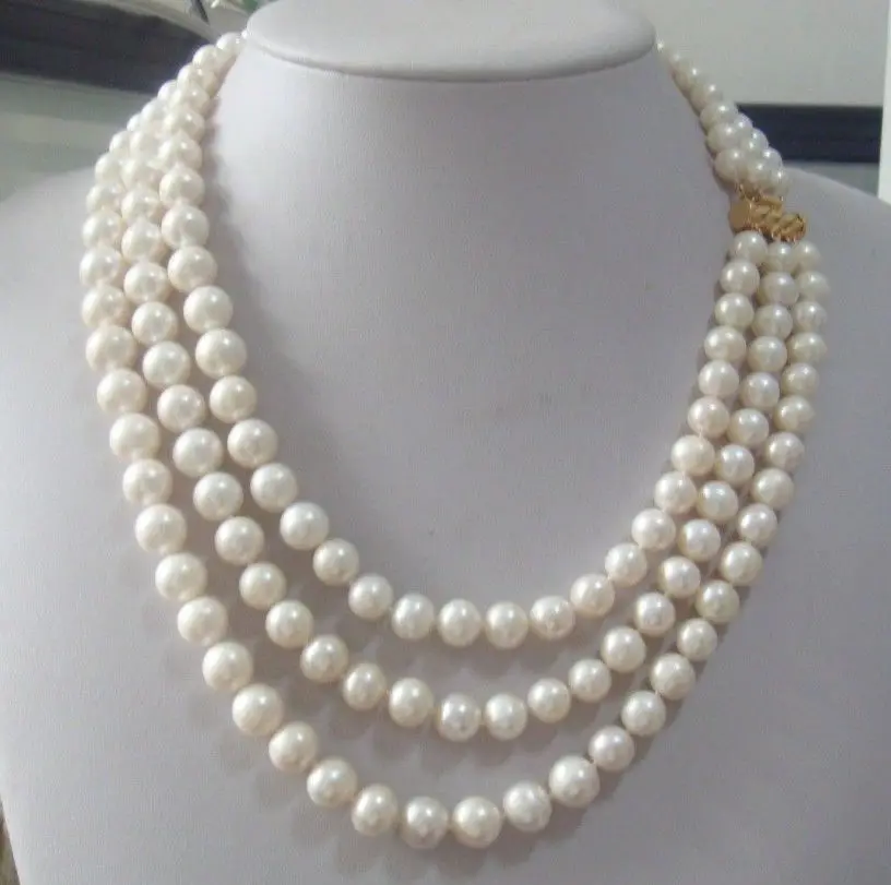 

triple strands 9-10mm Real Australian south sea white pearl necklace 18-22"