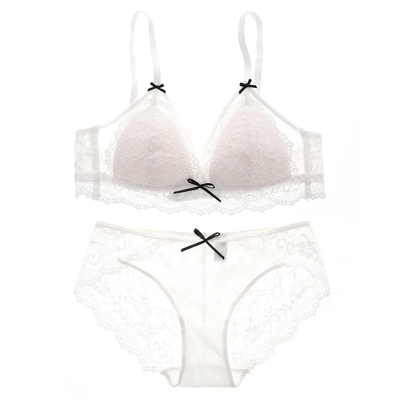 

No Steel Ring Underwear Set Japanese Sweet Embroidery Teen Girl Bowknot White Small Chest Underwear Upper Support Sleep Bra Set