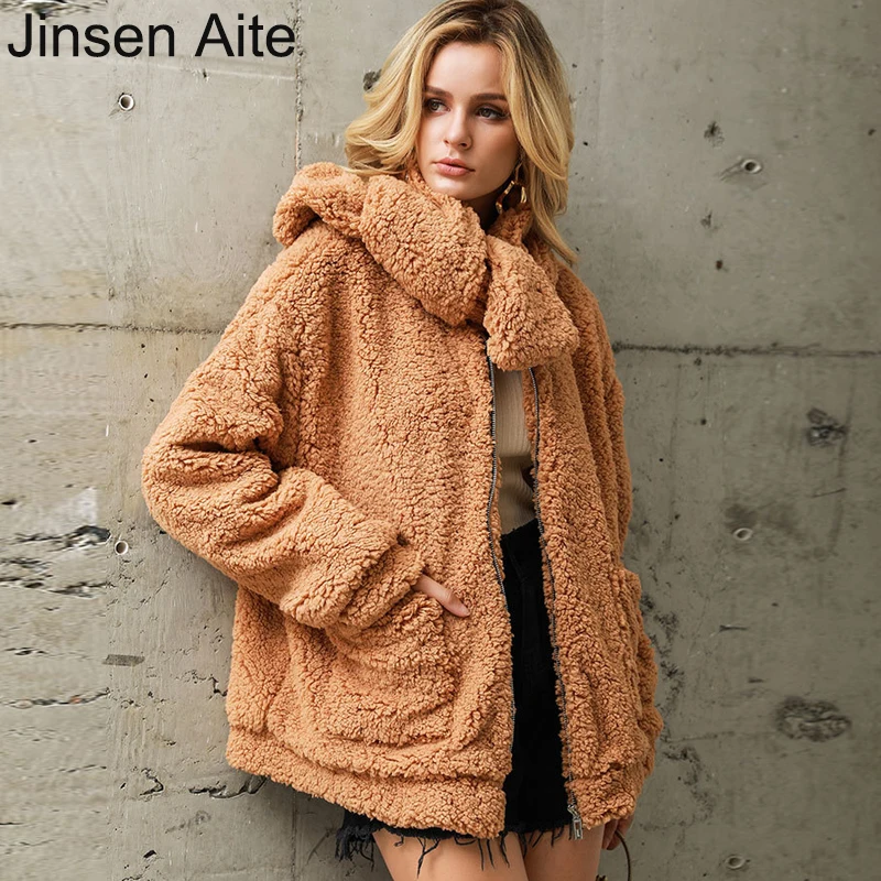 

Jinsen Aite Fleece Plush Long Sleeve Warm Jacket Women New Winter Oversize Pockets Teddy Cozy Style Streetwear Fur Coat JS842