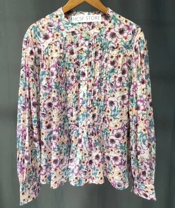 

Women Blouse Floral Printed Upper body Pleated O-neck Half Front Buttons Long Sleeve Casual Shirt