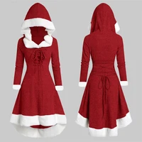 newest womens christmas hood lace up midi dress pullover with irregular hem and long sleeves