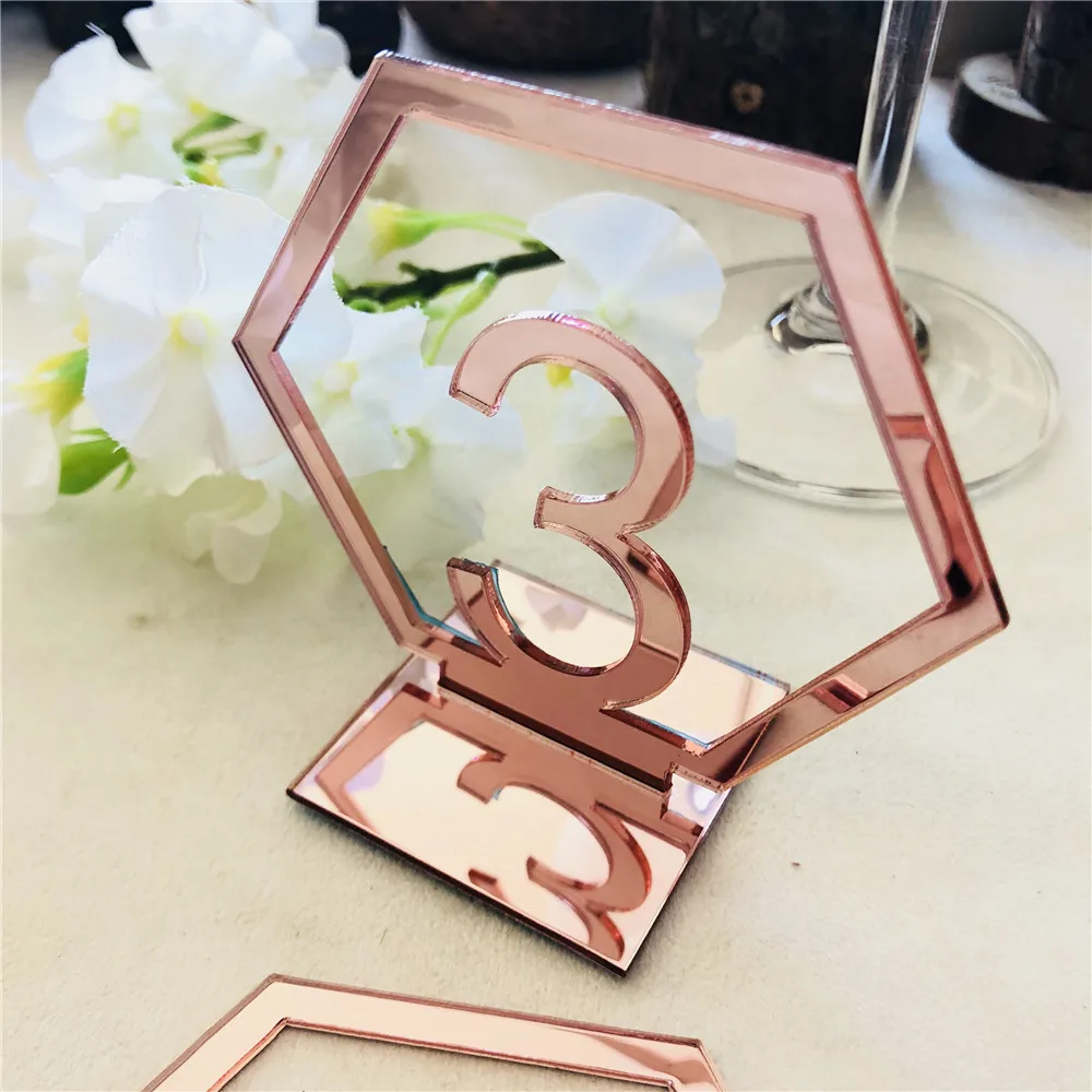 9CM Hexagon Table Number Signs Wedding Birthday Party Mirror Gold/Silver/Rose Gold Acrylic Number Table Centerpiece Decoration
