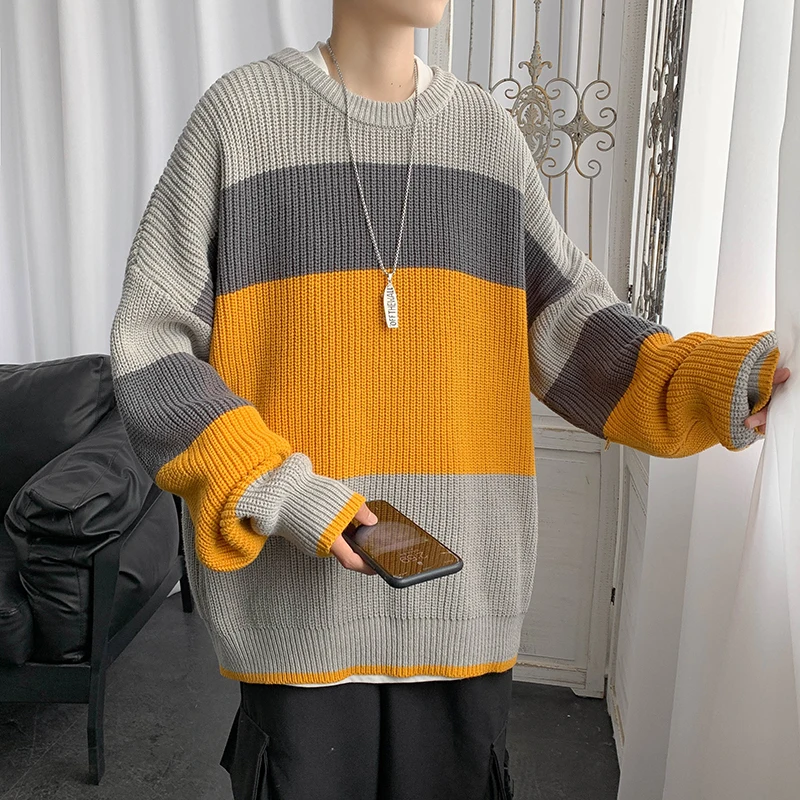 High Street Sweater Men's Stitching Striped Big Knit Padded Sweater Kpop Fashion Color-Blocking Knitted Pullover Winter Clothes