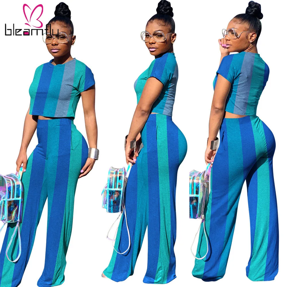2019 женская летняя футболка в цветную полоску с коротким рукавом прямые брюки