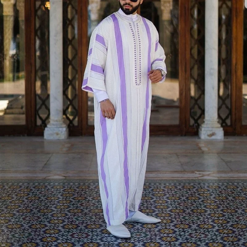 Men's Long Sleeve Casual Robe Dashiki Mens Simple Purple Striped Printed Shirt African Traditional Plus Size Shirt Chilaba Man