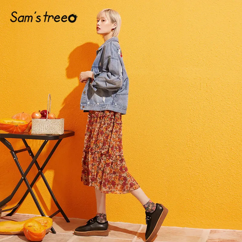 Samstree/шифоновое платье в богемном стиле с цветочным принтом и рюшами, с v-образным вырезом, женская одежда, осень, для отпуска, с длинным рукавом, женские платья Platycodon