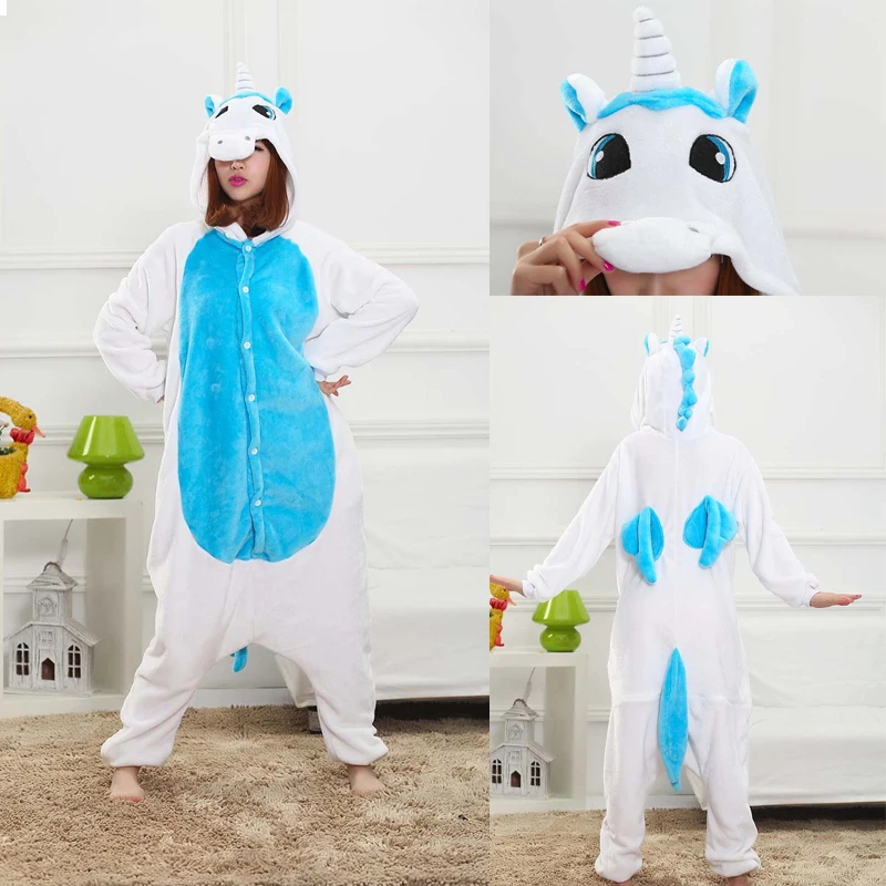Blue unicorn Пижама Кигуруми для взрослых, детей, девочек, мальчиков, животных, Стич, Розовый Единорог, для женщин и мужчин, пара зимних фланелевых пижам, набор, одежда для сна кегуруми - Цвет: Blue unicorn