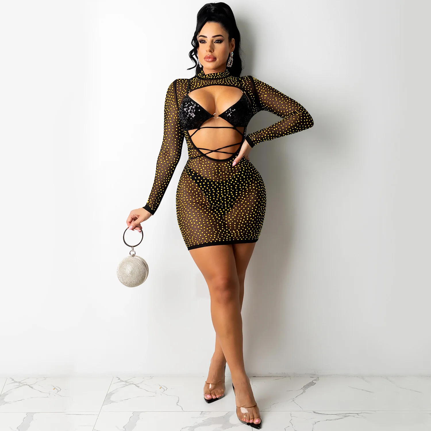 

New Women Summer Sexy Night Club Wear Party Dress Long Sleeve Hollow Out Sequine Rhinestone Mini Short Bodycon Bling Dresses