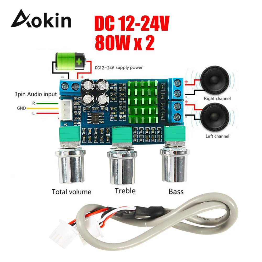 

Aokin TPA3116D2 DC 12V 24V 80W x 2 Dual Channel Digital Audio TPA3116D2 Treble Bass Regulating Preset Pre Amplifier Board