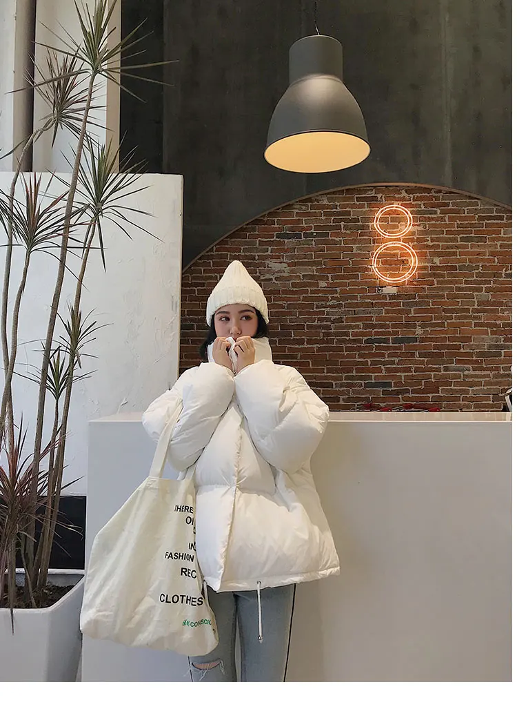 white LUZUZI, корейский стиль,, зимняя куртка для женщин, воротник-стойка, однотонный, черный, белый цвет, пальто для женщин, свободный, негабаритный, для женщин, короткая парка - Цвет: white