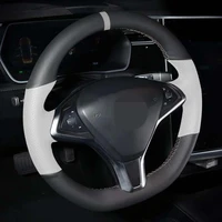 car steering wheel cover soft hand stitched black genuine leather carbon fiber for tesla model s model x 2016 2020