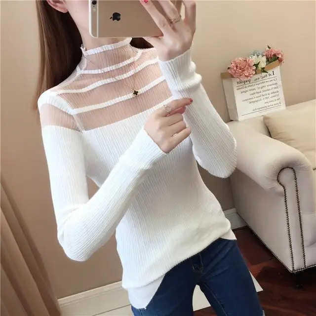 

Spring 2020 New Sexy Lace Pullover Sweater Skinny Inner Match Knitted Base Clothes Hollow Long Sleeve Sweater