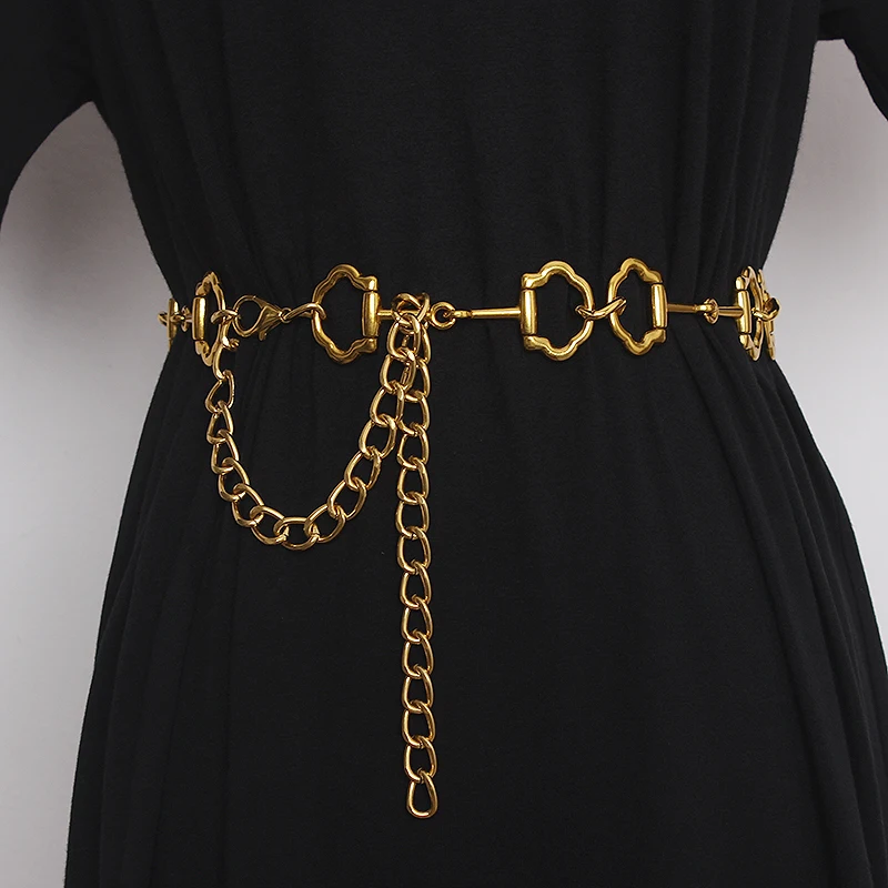 

Women's Runway Fashion Gold Metal Chain Cummerbunds Female Dress Corsets Waistband Belts Decoration Narrow Belt TB1079