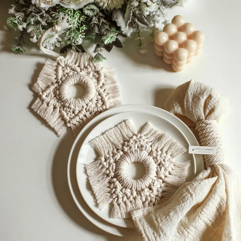 

Коврик для чашки макраме в богемном стиле, коврик для стола ручной работы из хлопчатобумажной веревки, Изоляционные Коврики, настенная вися...