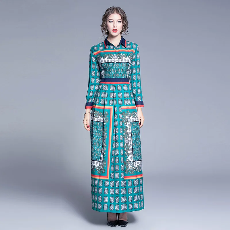 

Spring and Autumn Women's Fashion, Waist Waist and Thin, Wild High-end Positioning Geometric Print Lapel Long Sleeve Dress