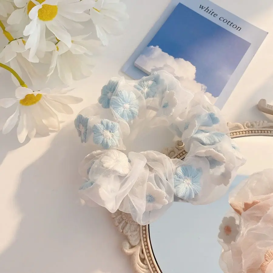 

1pc Blue Scrunchies Pink Romantic Transparent Tulle Hair Ties Mesh Embroidery Flowers Hair Rope Beauty Female Hair Accessories