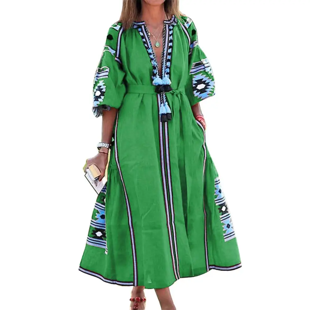 

Женское платье макси платье, винтажное платье с V-образным вырезом, рукавами-фонариками, цветочным принтом, кисточками и большим подолом, 3/4