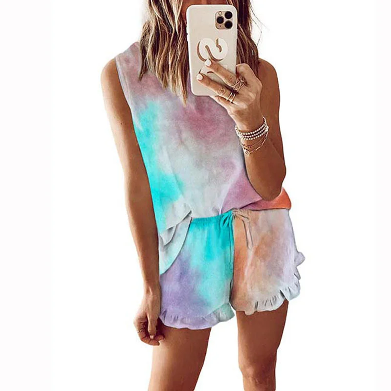 

2021 Summer Leopard Pajamas Set Women Loungewear Tie Dye Lounge Wear Pjs Women Homewear Plus Size Sleepwear Home Wear Suit