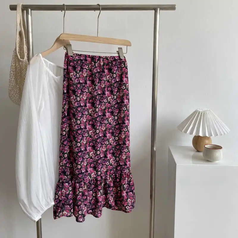 

COZOK 2021 Summer / Da'ai Printed Chiffon Floral Skirt Medium Length High Waist Skirt A-line Skirt 1753