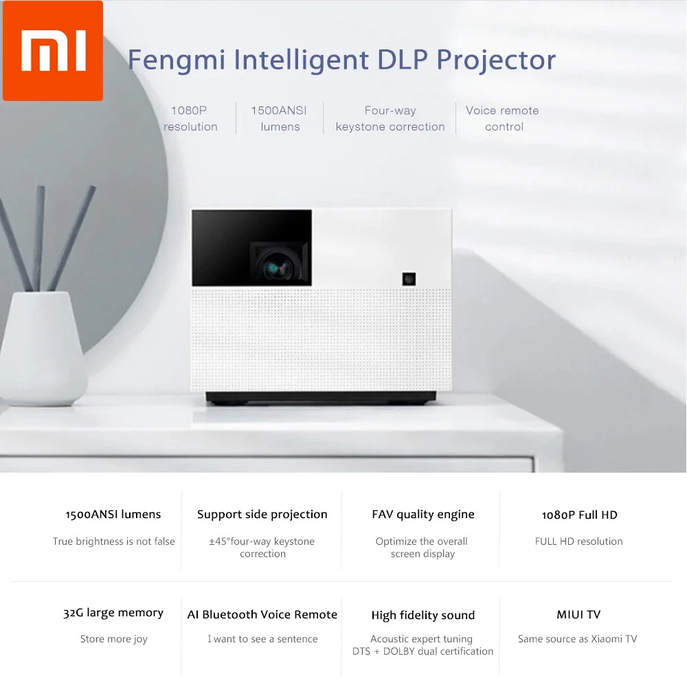 мини Проектор проэктор Fengmi Vogue Full HD 1080P 8K DLP 1500ANSI 2 ГБ 32 MIUI ТВ Bluetooth WIFI для домашнего