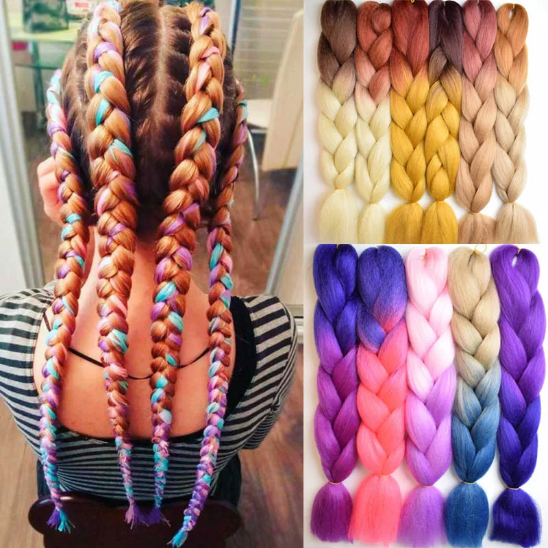 

JUNSI Long 23inch Ombre Synthetic Jumbo Braiding Hair Crochet Gold Pink Grey Pruiken Braids Hair Extension for Women