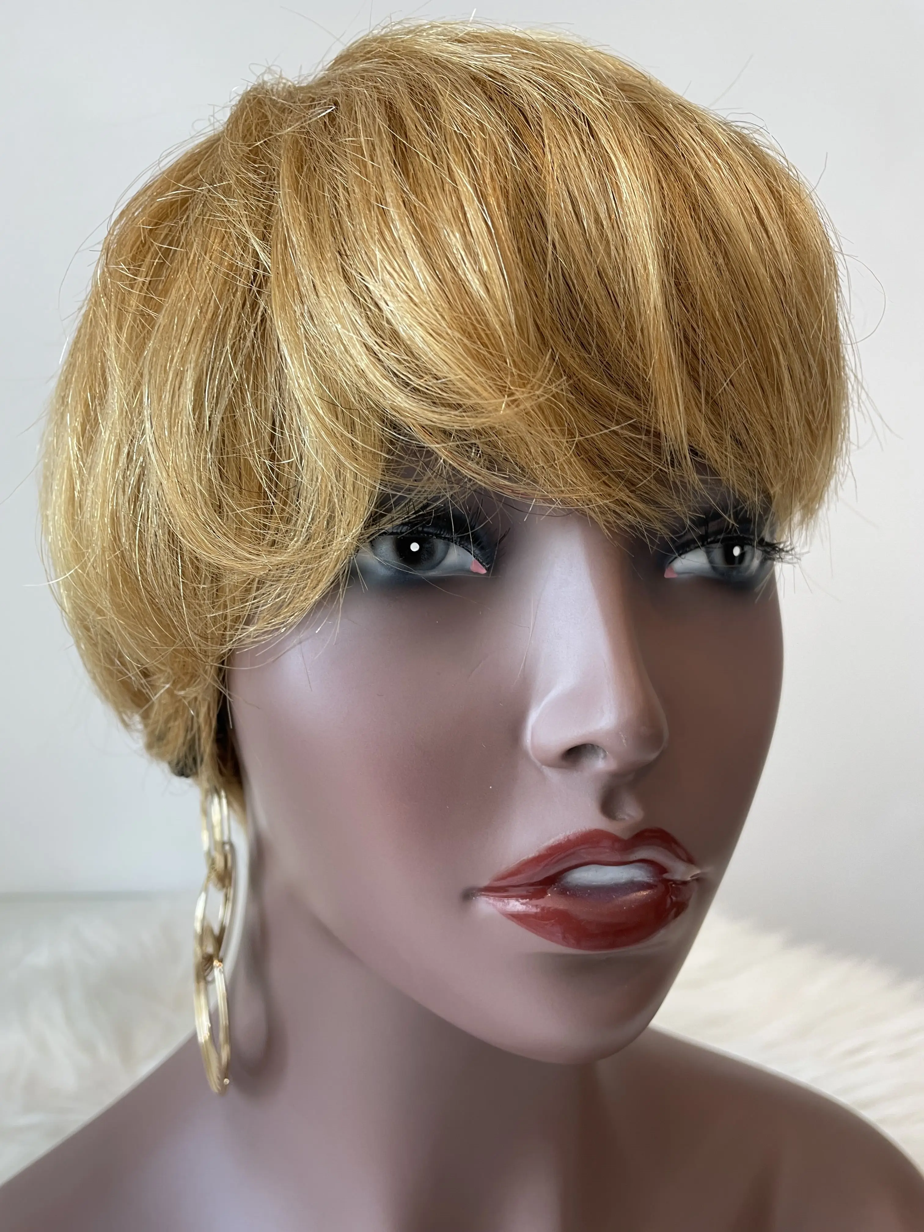 Short Wigs For Women Brazilian Human Hair No Lace Front Bob Wig With Bangs Pixie Wig  Straight Hair With 27# Color