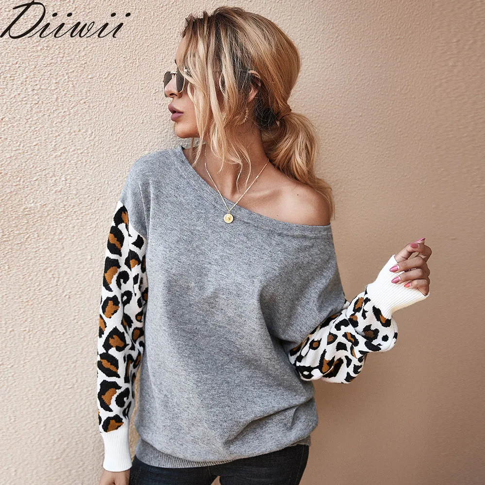

Diiwii Female Autumn winter ladies pullover sweaters casual Loose knitted Jumpers leopard long sleeves sweater