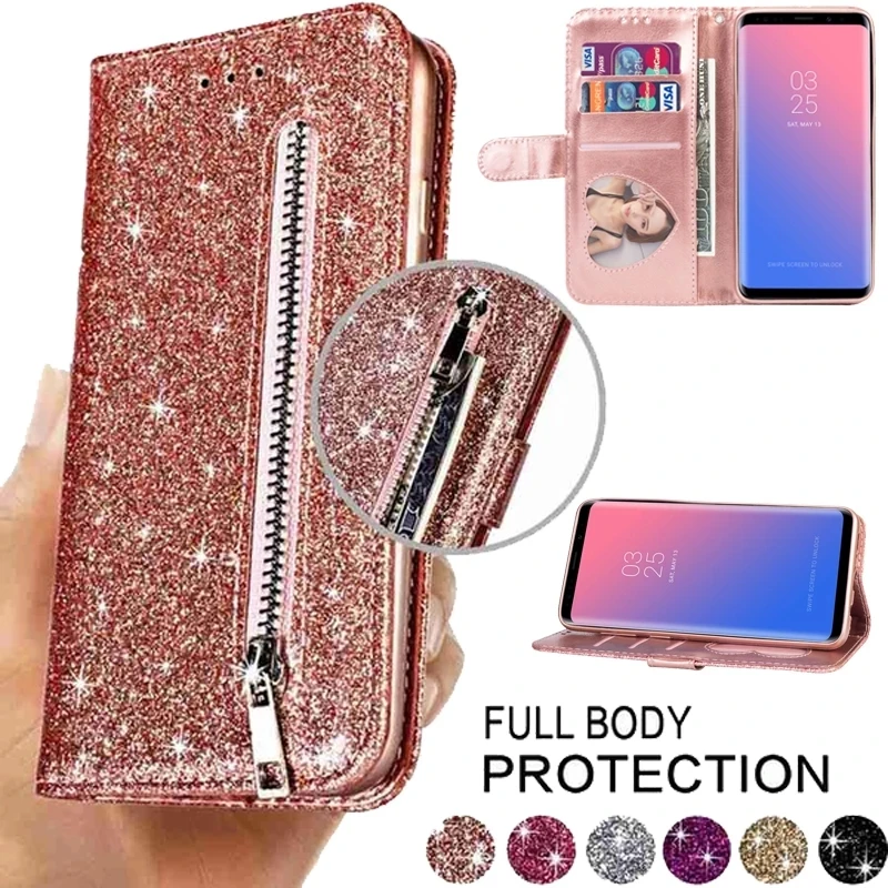 Кожаный флип-чехол с блестками для Samsung Galaxy S21 S20 Fe S9 S8 Plus A12 A21S A31 A41 A51 A71 Note 9 10 20 Ultra S10