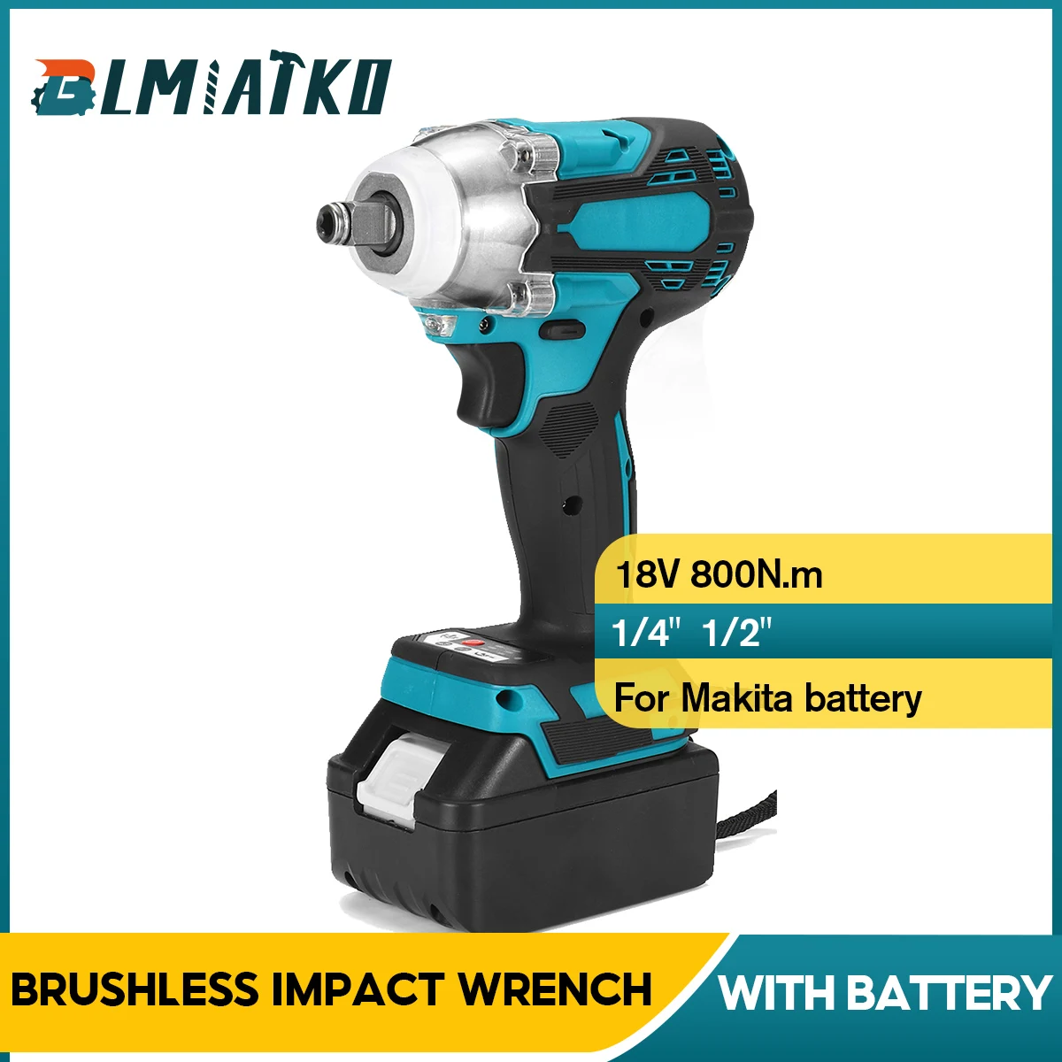 

BLMIATKO 2 in 1 800N.m Li-Ion Brushless Cordless Electric 1/2"Wrench 1/4"Screwdriver Drill With Li Battery +LED light