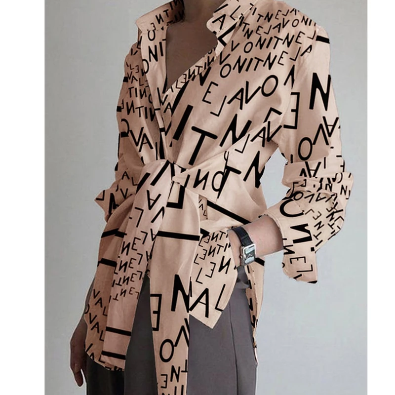 

2020 Spring Summer Fashion New Women's Clothing Letter Printing Loose Tie Long Sleeve Casual Temperament Shirt Tops Trendy 309