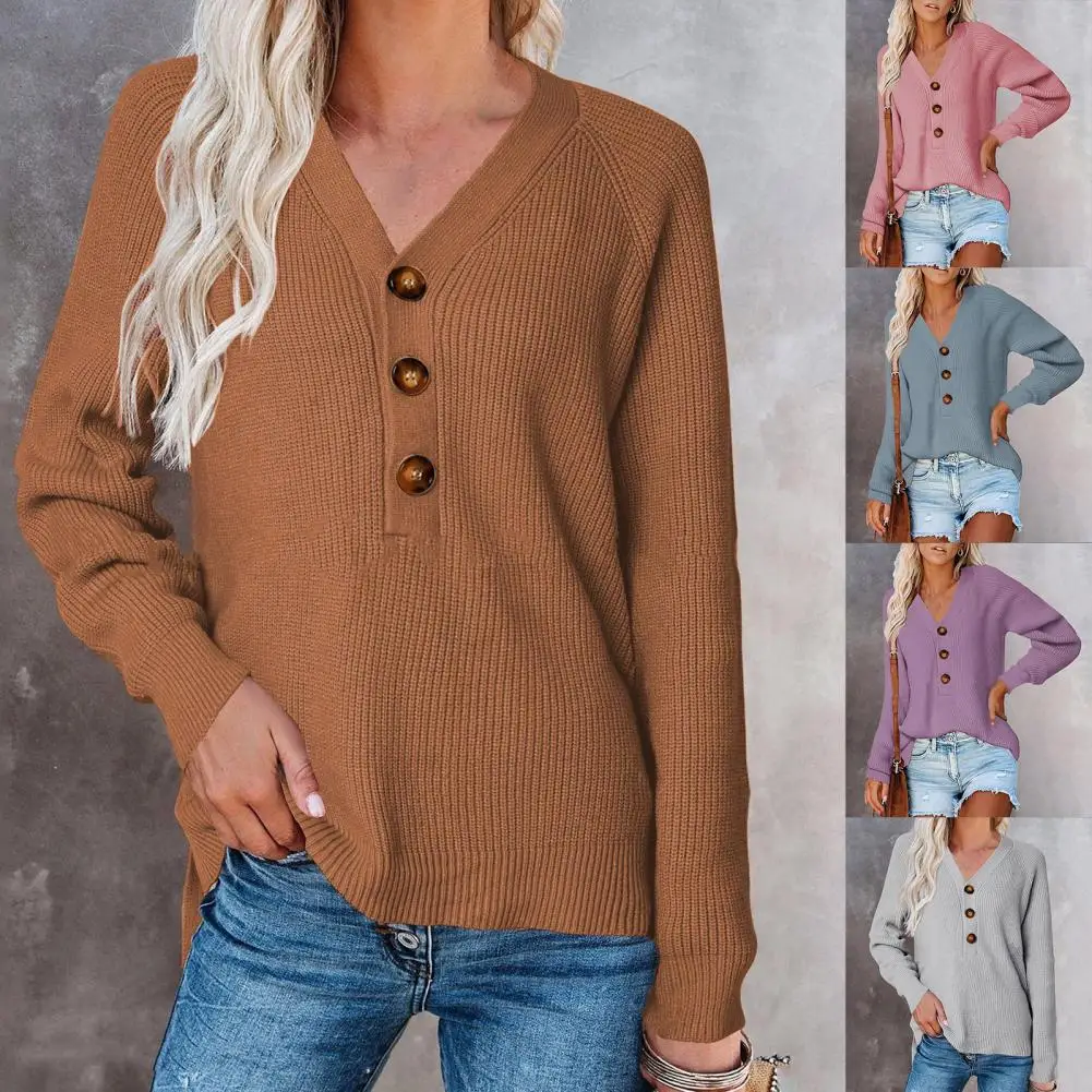 

Women Sweater Pullover Solid Color Knitted V Neck Half Single-breasted Autumn Sweater for Daily Wear Women's Clothing Streetwear
