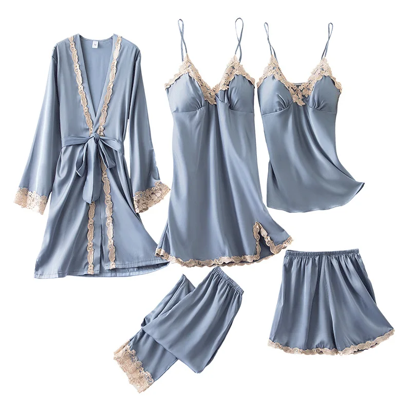 

Sleepwear Sets Lady Pajamas Suit Nightgown 5PCS Strap Top&Pants 2020 New Homewear Nightwear Kimono Robe Gown Intimate Lingerie