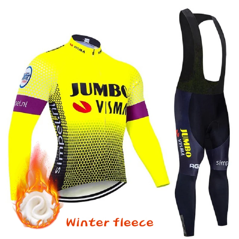 

JUMBO 2021 Team Winter Cycling Clothes Long Sleeve Jersey Set Thermal Fleece MTB Bicycle Racing Clothing Men Bike Uniform Suit