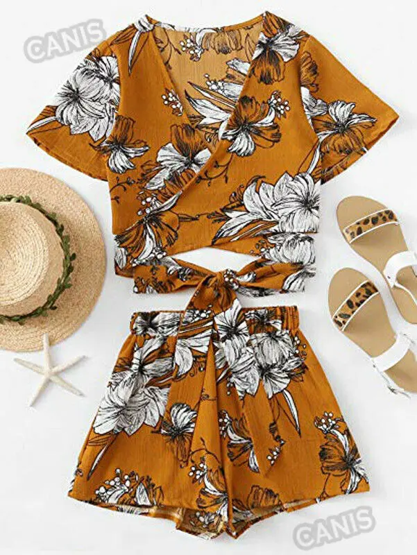 

Women 2PCS Casual Sashes Short Sleeve Length Floral Print Bandage Shirt Crop Top Shorts Summer Outfit Set Short Jumpsuit