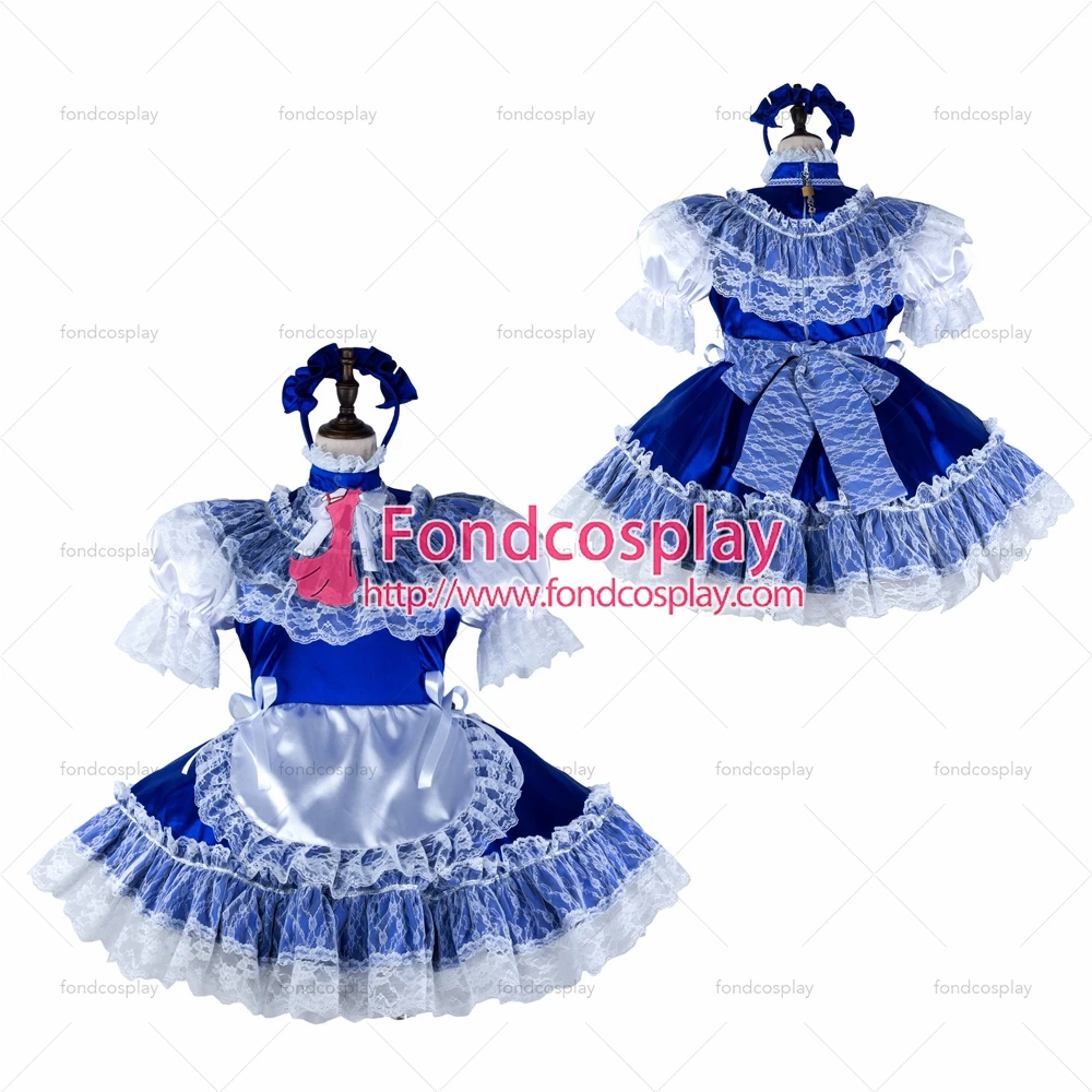 

Сексуальная одежда для взрослых fondcosplay, с перекрестными бретелями, Короткое синее атласное платье с замком, Униформа, белый фартук, кружевно...