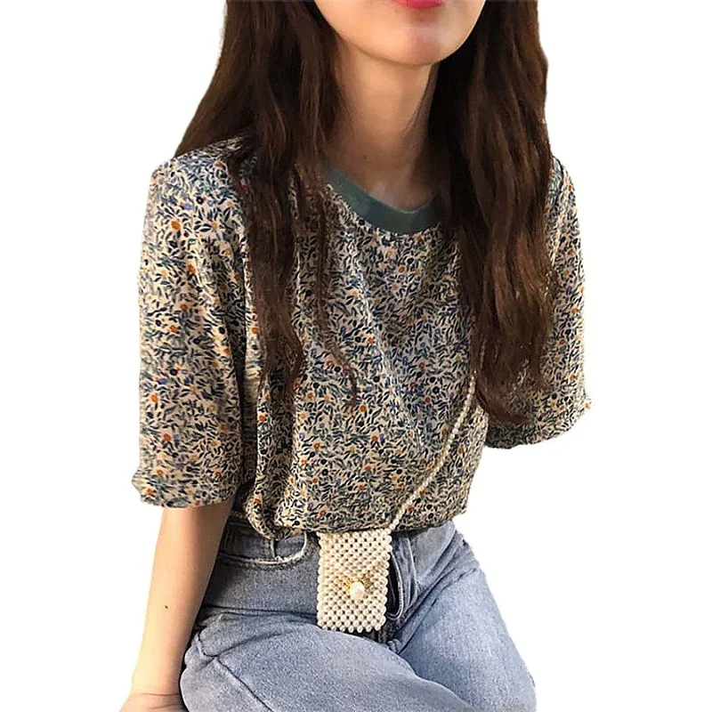 

Summer Women's Floral Printed Short Sleeve Round Neck T-shirt Youth Comfy ClothesKorean loose retro short sleeve T-shirt