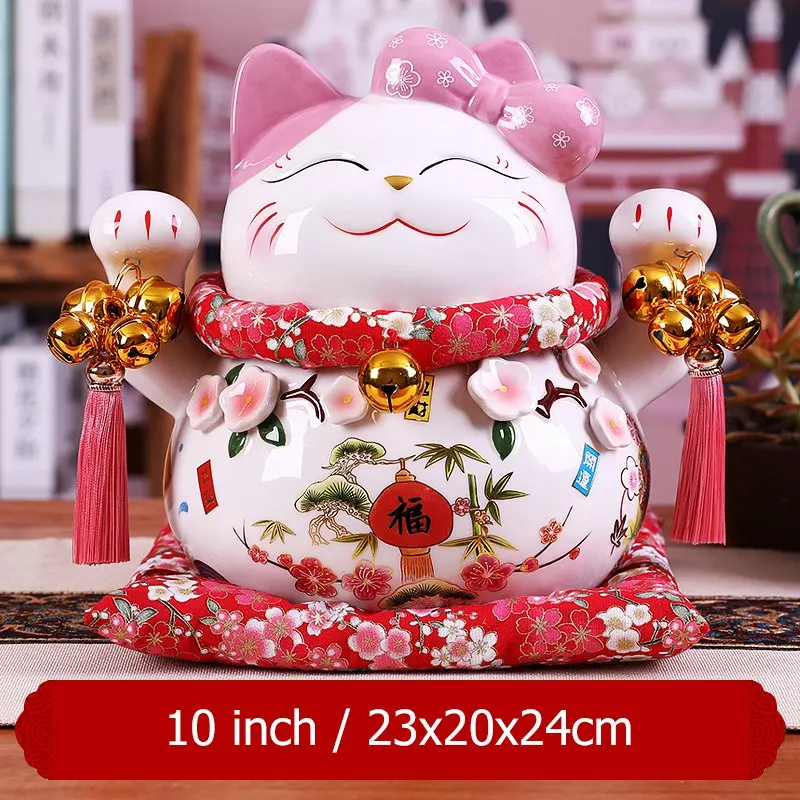 Мультяшная Статуэтка Maneki Neko Oranment, керамическая фигурка счастливого кота, розовый галстук-бабочка, статуя кота Фортуны, Домашняя Декоративная копилка, копилка - Цвет: 10 inch