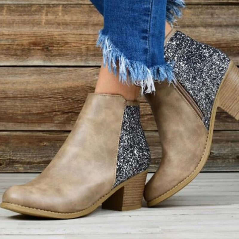 

2021 New Style Fashion Women Boots Round Head Low Square Heel Pu Leather Waterproof Boots Woman Autumn Winter Casual Ankle Boot