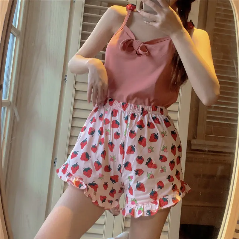 Pajamas for Women Korean Ins Style Strawberry Print Sleepwear Pyjamas Sexy Cute Homesuit Pijamas Summer Sleeveless Kawaii