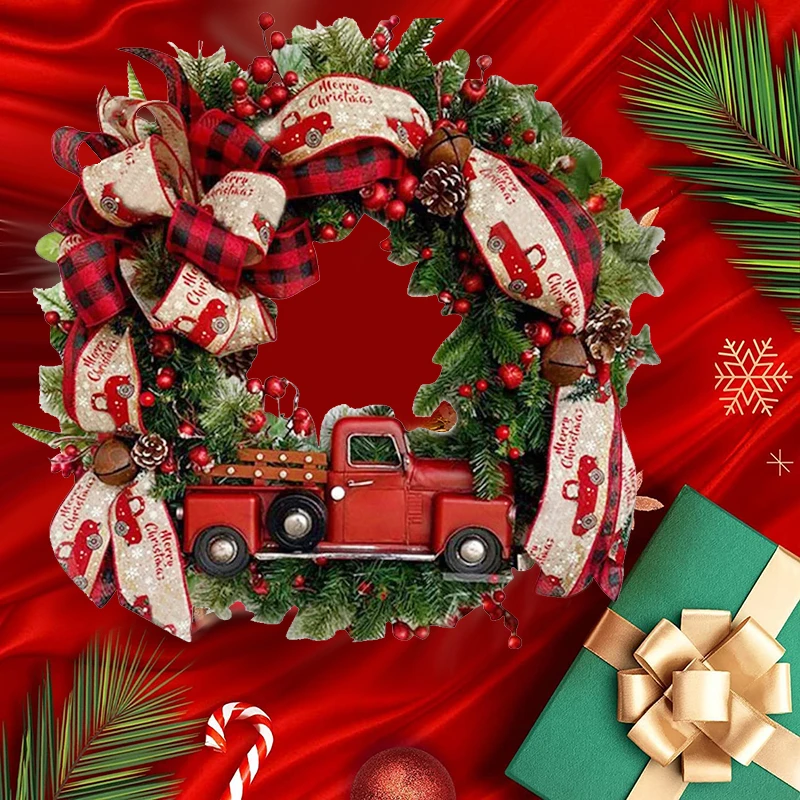 Guirnalda colgante para puerta de Navidad, colgante de pared con lazo de cami&oacute;n, C&iacute;rculo de rat&aacute;n, adorno de decoraci&oacute;n navide&ntilde;a, guirnalda de frutas rojas, decoraci&oacute;n del hogar-2