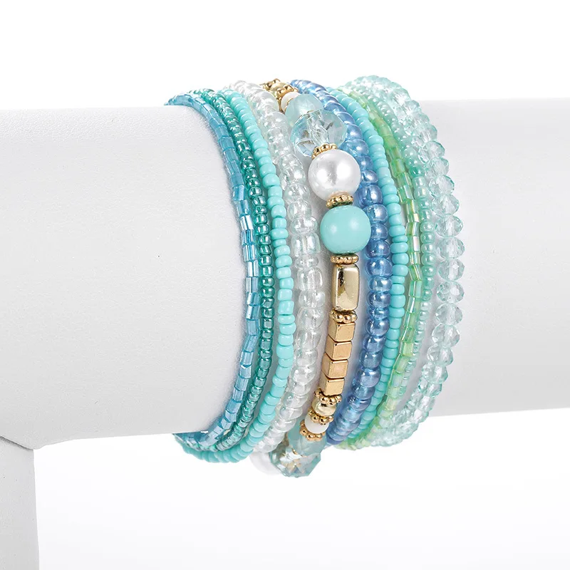 

Лидер продаж, новые браслеты, набор из акриловых браслетов с жемчугом и кристаллами из бисера, изящные голубые ювелирные изделия для женщин