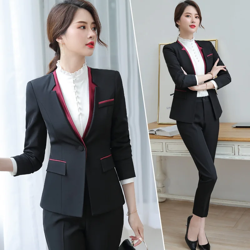 

Black Double Collar Elegant Office Lady Blazer and Jacket Pant Suits for Women Womens Suits Set 2 Pieces Business Suit Ladies