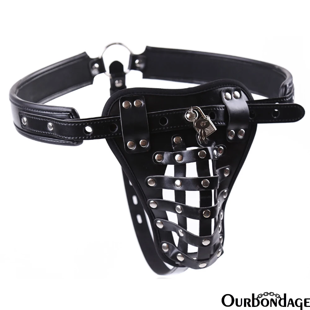 Ourbondage PU Leather Band Grid Strap Male Chastity Belt Shape Cock Cage BDSM Bondage Penis Lock Sex Toys For Men Gay | Красота и